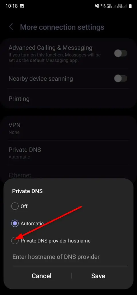 option to enter private dns prov